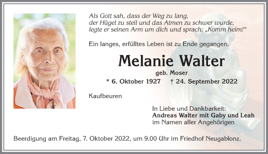Traueranzeige von Melanie Walter von Allgäuer Zeitung, Kaufbeuren/Buchloe