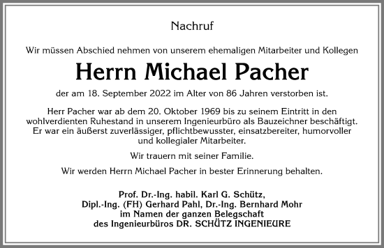 Traueranzeige von Michael Pacher von Allgäuer Zeitung,Kempten
