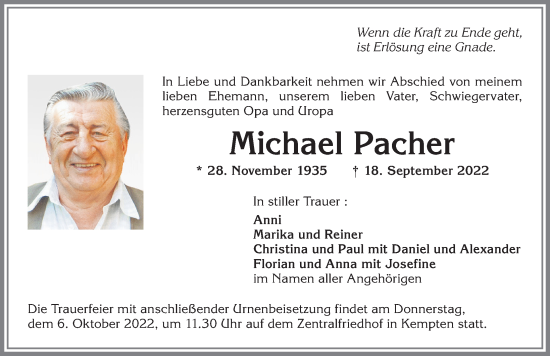 Traueranzeige von Michael Pacher von Allgäuer Zeitung,Kempten