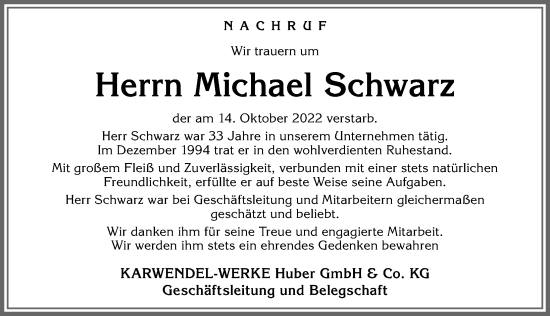 Traueranzeige von Michael Schwarz von Allgäuer Zeitung, Kaufbeuren/Buchloe