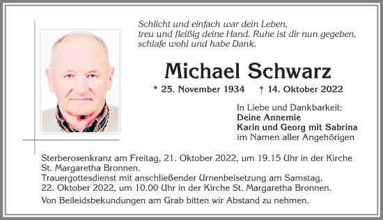 Traueranzeige von Michael Schwarz von Allgäuer Zeitung, Kaufbeuren/Buchloe