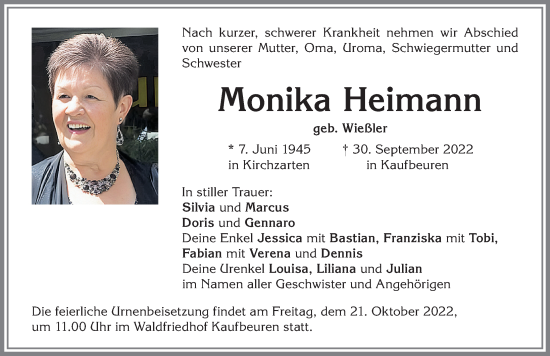 Traueranzeige von Monika Heimann von Allgäuer Zeitung, Kaufbeuren/Buchloe