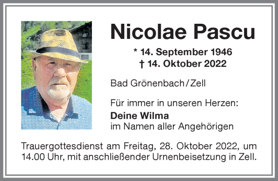 Traueranzeige von Nicolae Pascu von Memminger Zeitung