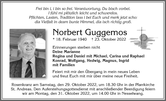 Traueranzeige von Norbert Guggemos von Allgäuer Zeitung, Füssen