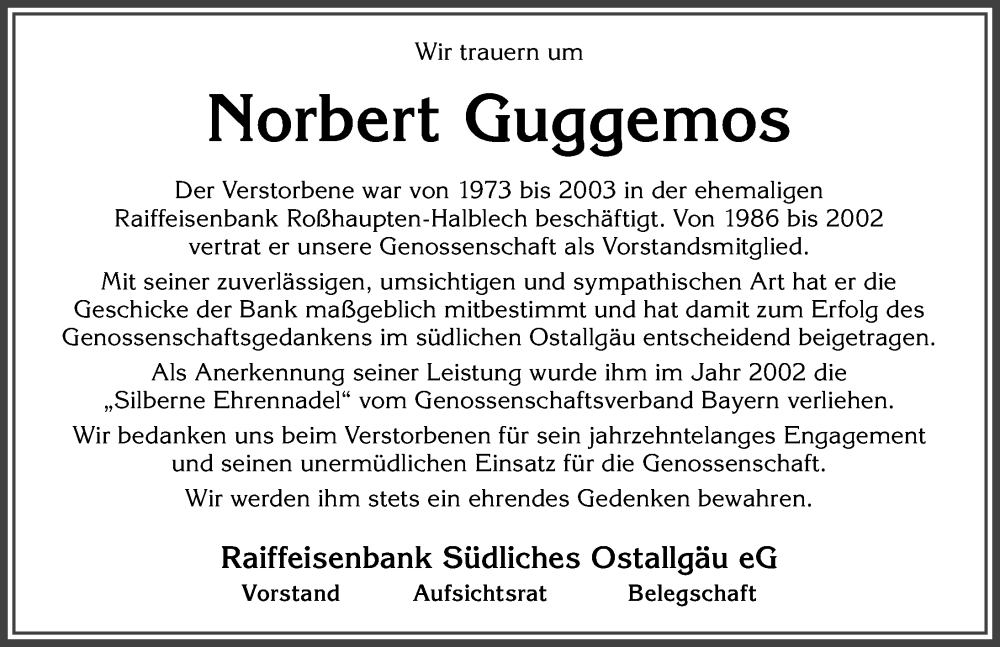  Traueranzeige für Norbert Guggemos vom 28.10.2022 aus Allgäuer Zeitung, Füssen