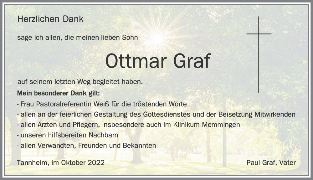  Traueranzeige für Ottmar Graf vom 15.10.2022 aus Memminger Zeitung