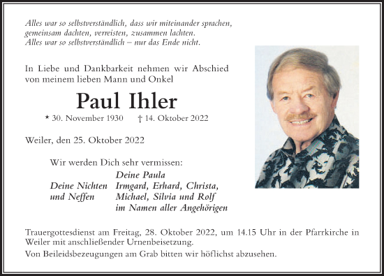 Traueranzeige von Paul Ihler von Der Westallgäuer
