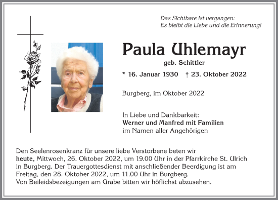Traueranzeige von Paula Uhlemayr von Allgäuer Anzeigeblatt