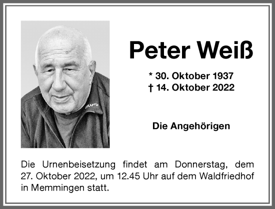 Traueranzeige von Peter Weiß von Memminger Zeitung