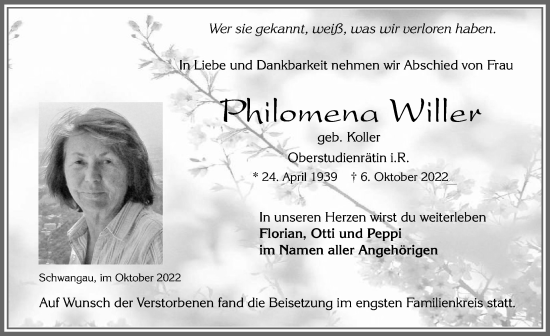 Traueranzeige von Philomena Willer von Allgäuer Zeitung, Füssen