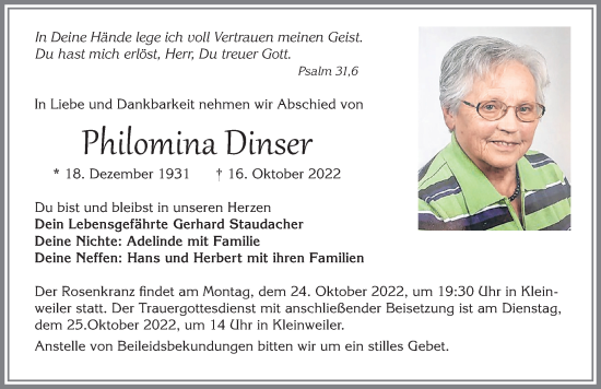 Traueranzeige von Philomina Dinser von Allgäuer Zeitung,Kempten
