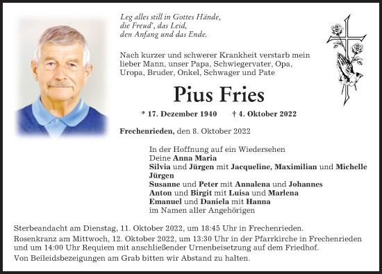 Traueranzeige von Pius Fries von Memminger Zeitung