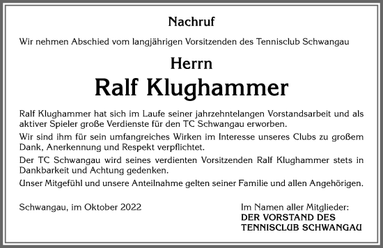 Traueranzeige von Ralf Klughammer von Allgäuer Zeitung, Füssen
