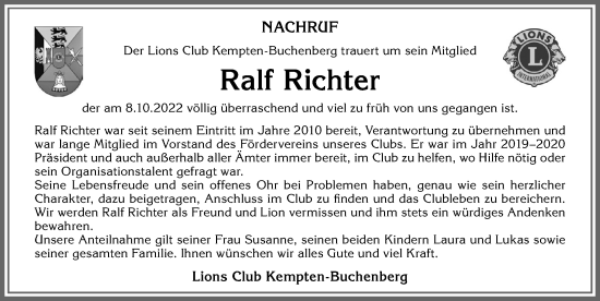 Traueranzeige von Ralf Richter von Allgäuer Zeitung,Kempten