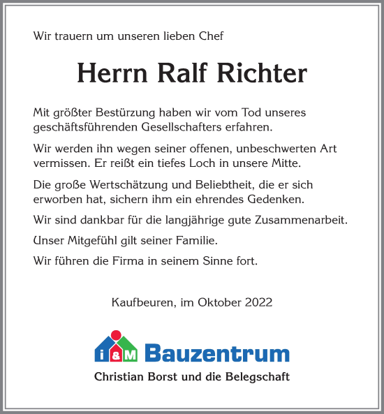 Traueranzeige von Ralf Richter von Allgäuer Zeitung, Kaufbeuren/Buchloe