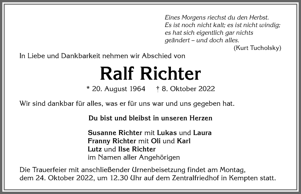  Traueranzeige für Ralf Richter vom 15.10.2022 aus Allgäuer Zeitung,Kempten