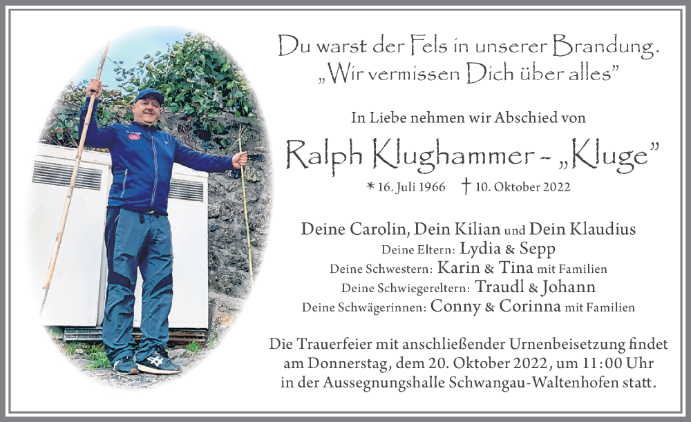  Traueranzeige für Ralph Klughammer vom 15.10.2022 aus Allgäuer Zeitung, Füssen