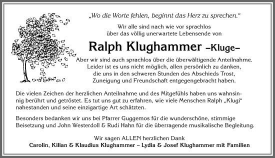 Traueranzeige von Ralph Klughammer von Allgäuer Zeitung, Füssen