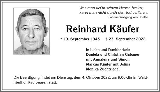Traueranzeige von Reinhard Käufer von Allgäuer Zeitung, Kaufbeuren/Buchloe