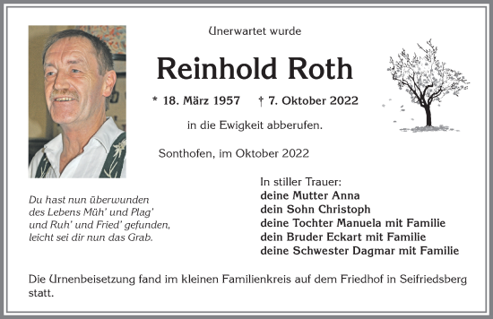 Traueranzeige von Reinhold Roth von Allgäuer Anzeigeblatt