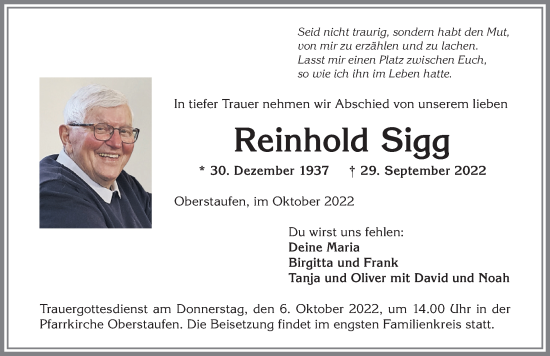 Traueranzeige von Reinhold Sigg von Allgäuer Anzeigeblatt