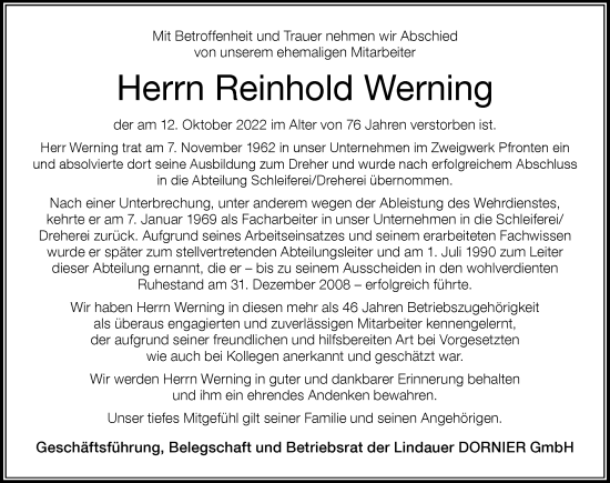 Traueranzeige von Reinhold Werning von Allgäuer Zeitung, Füssen