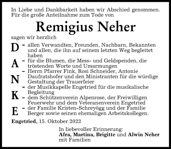 Traueranzeige von Remigius Neher von Memminger Zeitung
