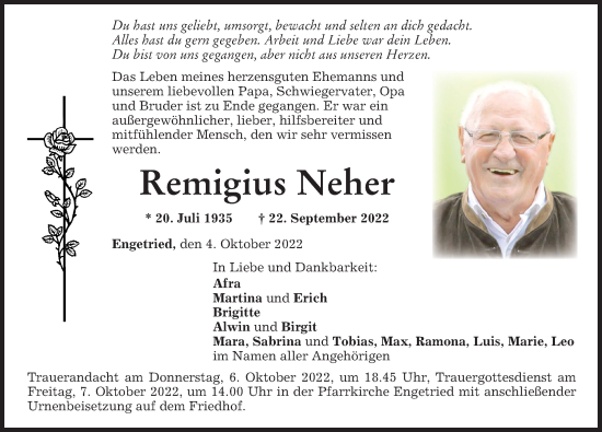Traueranzeige von Remigius Neher von Memminger Zeitung