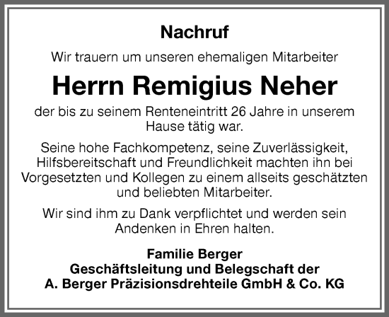Traueranzeige von Remigius Neher von Memminger Zeitung