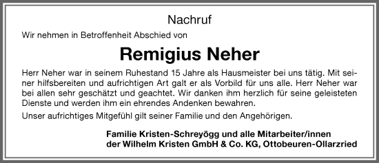 Traueranzeige von Remigius Neher von Memminger Zeitung