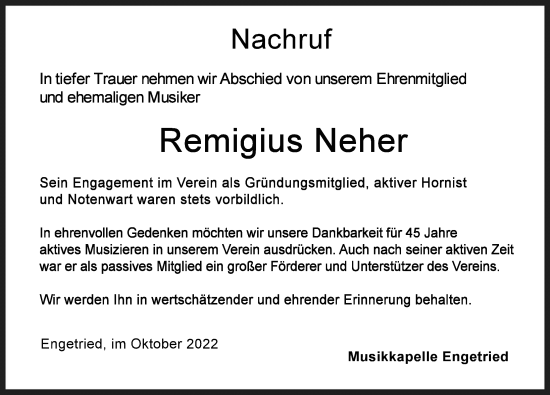 Traueranzeige von Remigius Neher von Memminger Zeitung