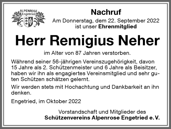 Traueranzeige von Remigius Neher von Memminger Zeitung