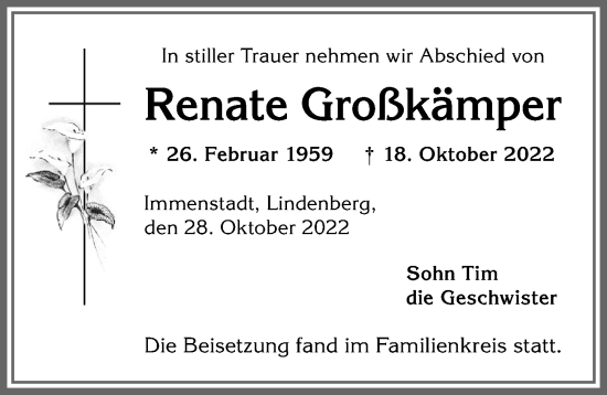 Traueranzeige von Renate Großkämper von Allgäuer Anzeigeblatt