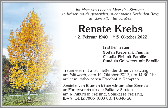 Traueranzeige von Renate Krebs von Allgäuer Zeitung,Kempten