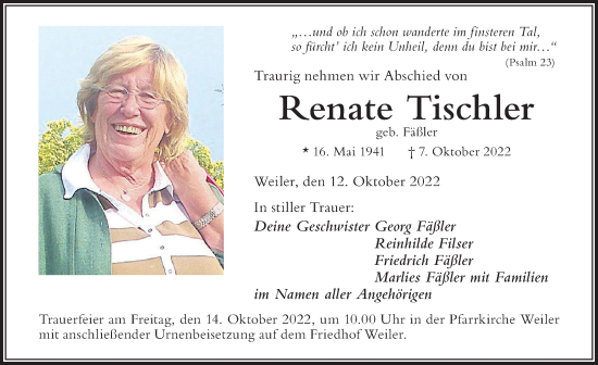Traueranzeige von Renate Tischler von Der Westallgäuer