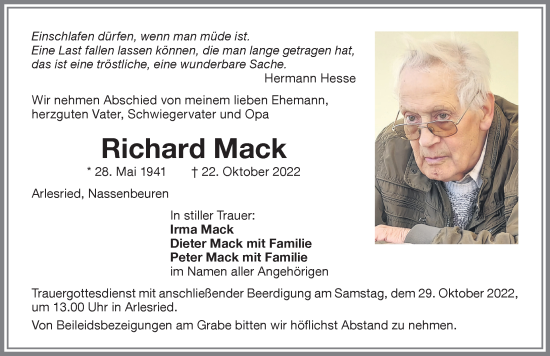 Traueranzeige von Richard Mack von Memminger Zeitung