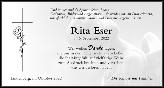 Traueranzeige von Rita Eser von Der Westallgäuer