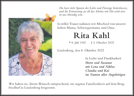 Traueranzeige von Rita Kahl von Der Westallgäuer