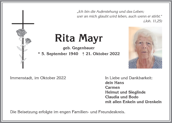 Traueranzeige von Rita Mayr von Allgäuer Anzeigeblatt