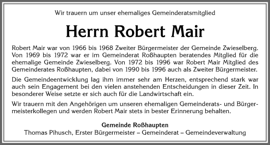 Traueranzeige von Robert Mair von Allgäuer Zeitung, Füssen