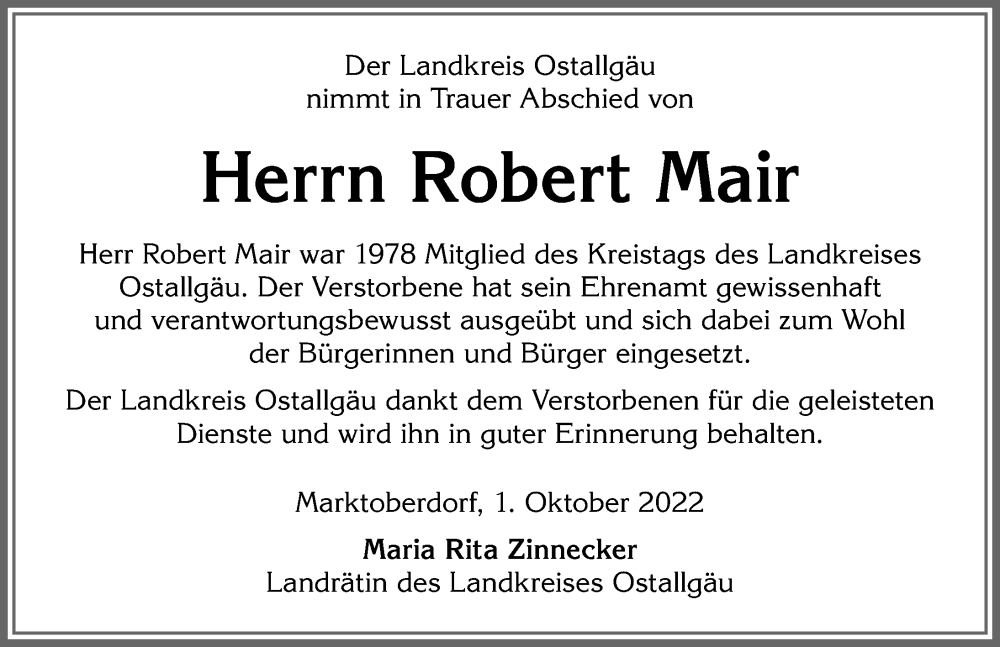 Traueranzeige für Robert Mair vom 01.10.2022 aus Allgäuer Zeitung, Füssen