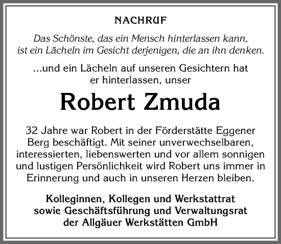 Traueranzeige von Robert Zmuda von Allgäuer Zeitung,Kempten