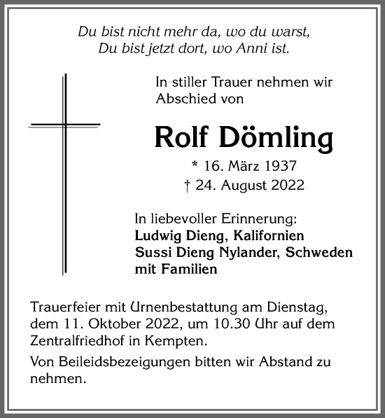 Traueranzeige von Rolf Dömling von Allgäuer Zeitung,Kempten