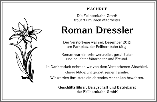 Traueranzeige von Roman Dressler von Allgäuer Anzeigeblatt