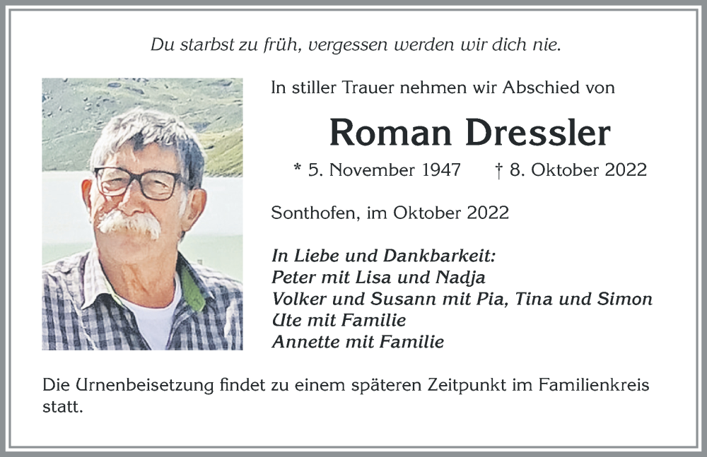  Traueranzeige für Roman Dressler vom 15.10.2022 aus Allgäuer Anzeigeblatt