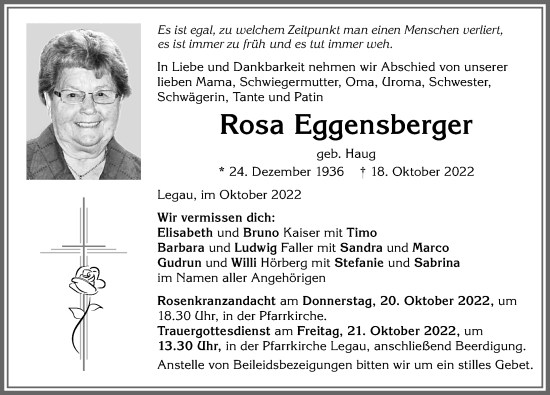 Traueranzeige von Rosa Eggensberger von Memminger Zeitung