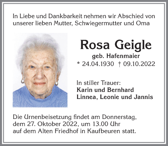 Traueranzeige von Rosa Geigle von Allgäuer Zeitung, Kaufbeuren/Buchloe