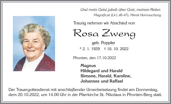 Traueranzeige von Rosa Zweng von Allgäuer Zeitung, Füssen