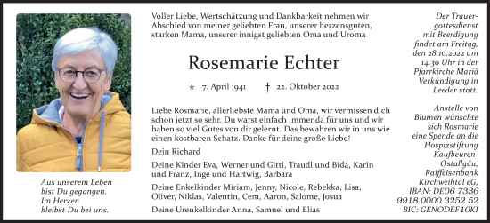 Traueranzeige von Rosemarie Echter von Allgäuer Zeitung, Kaufbeuren/Buchloe