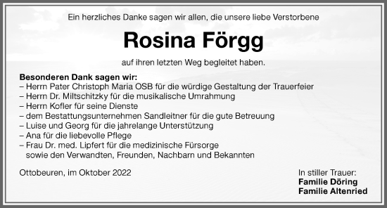 Traueranzeige von Rosina Förgg von Memminger Zeitung